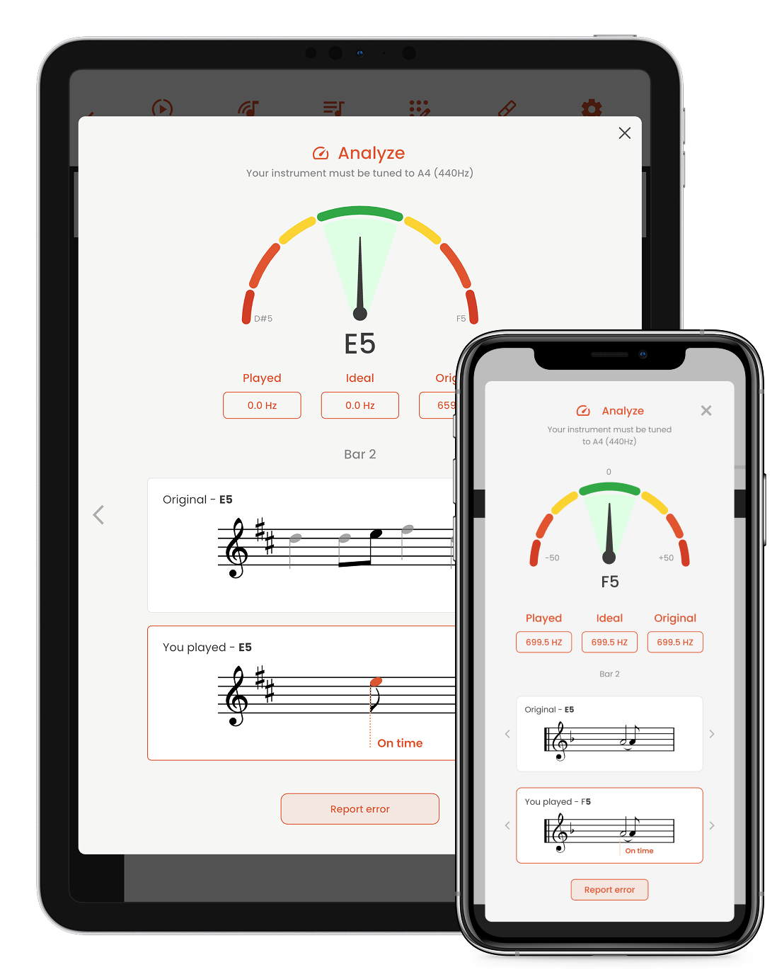 Musiway on iPad and iPhone: the Analyze screen shows the note played, its intonation, the bar and a comparison with the original score