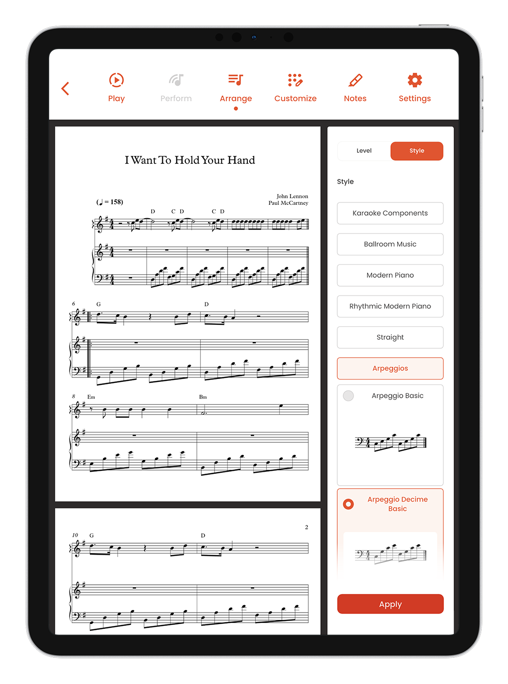Musiway on iPad: the Arrange tab with the score and the list of accompaniment styles, one style selected and the Apply button