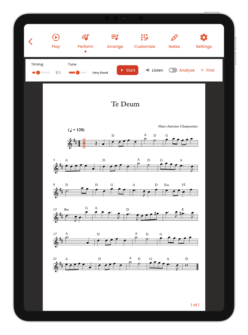 Musiway on iPad: the Perform bar with Start, Listen and Analyze controls above the score