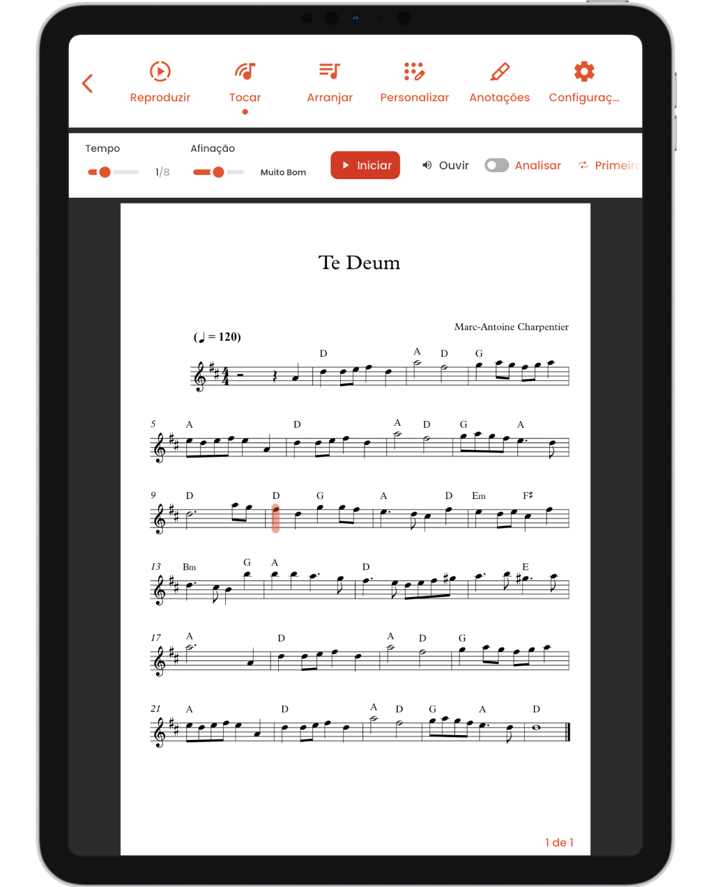 Musiway no iPad: a barra Tocar com os controles Iniciar, Ouvir e Analisar acima da partitura