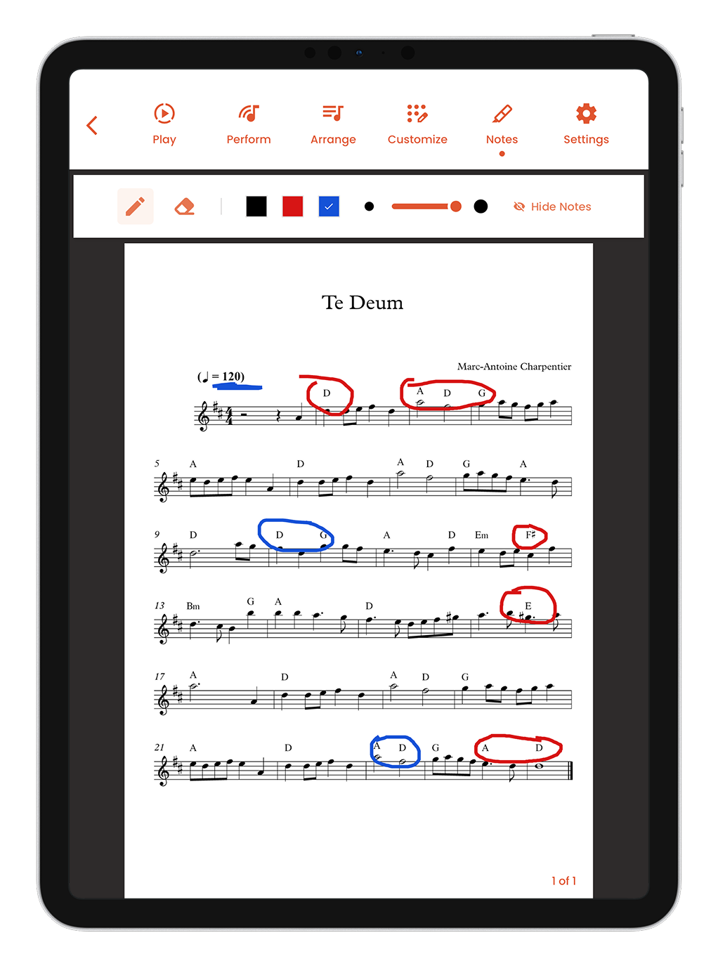 Musiway on iPad: the Notes tab with pen, eraser, three colors and passages circled on the score