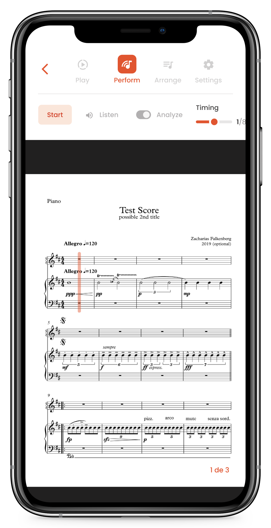 Musiway on iPhone: the Perform tab with Start, Listen and Analyze controls and the cursor on the score