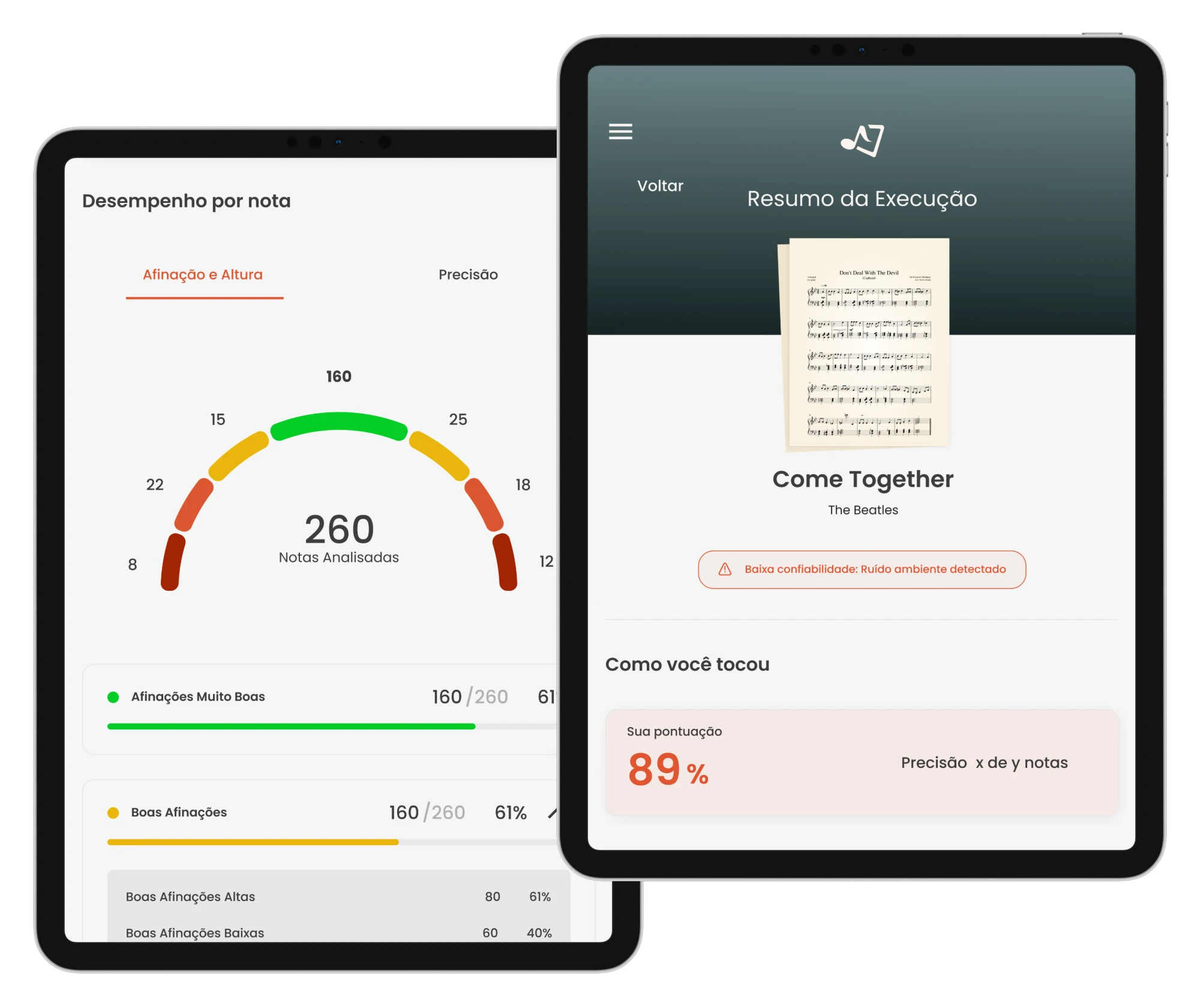 Prévia do Musiway em dois iPads: o resumo da execução, com pontuação e precisão, e o desempenho por nota, com afinação e notas analisadas